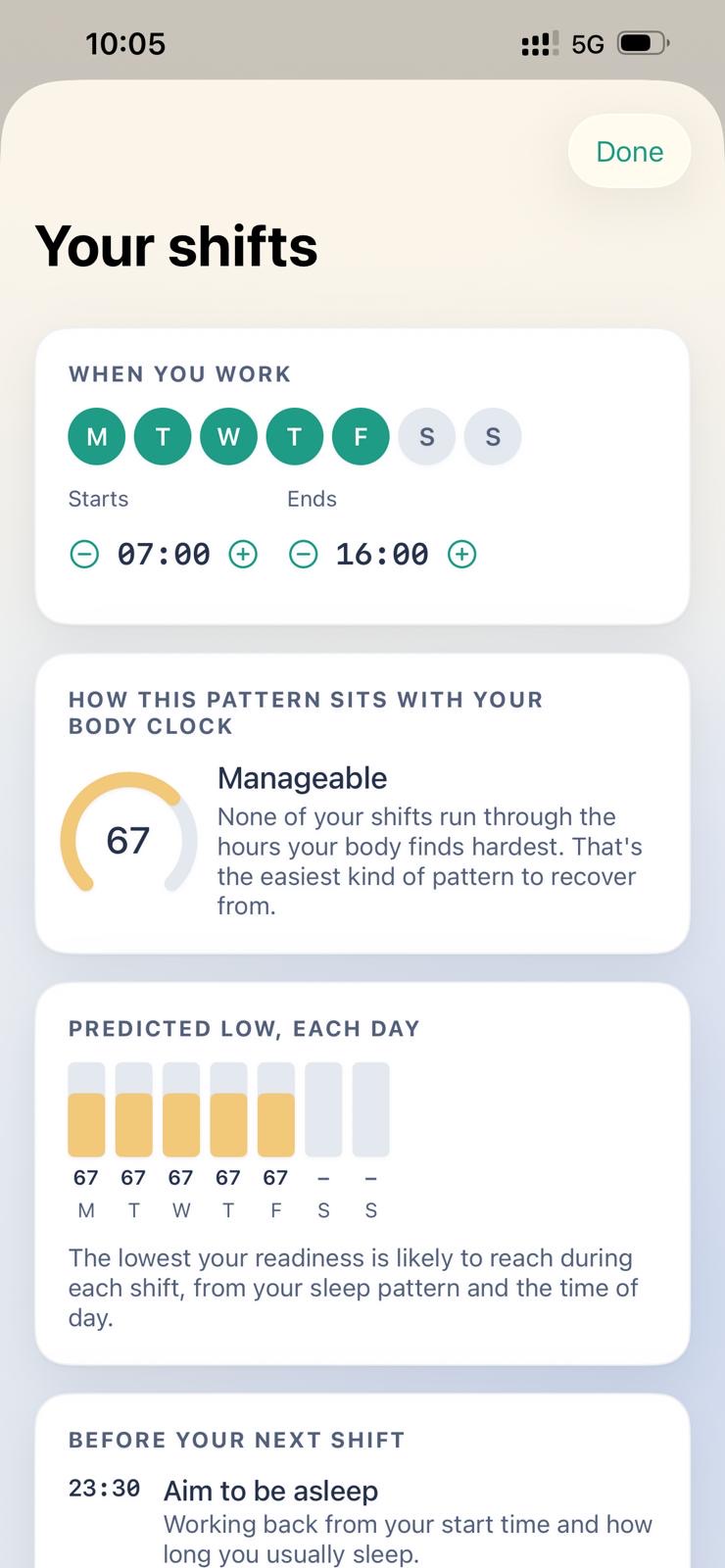 Duty and hours screen in the HealthDrive app